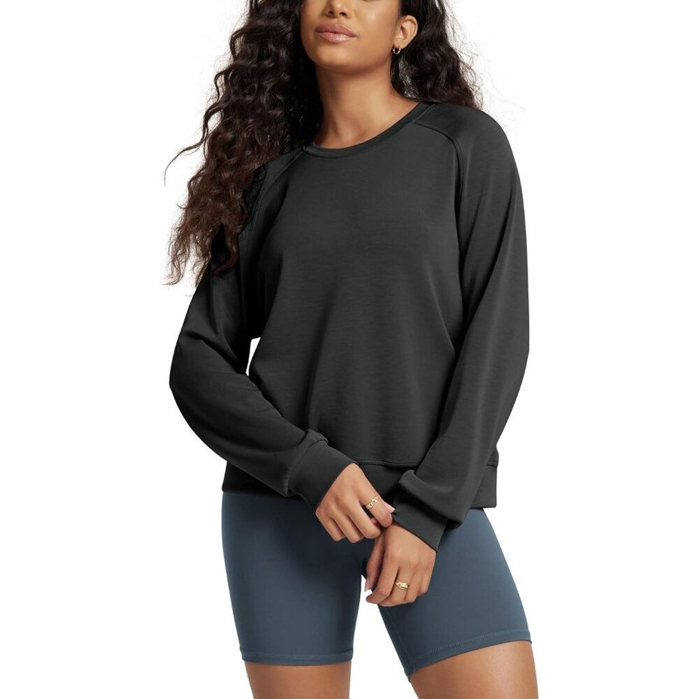 Women's Black Soft Raglan Long Sleeves Sweatshirts for Oversized Crew Neck